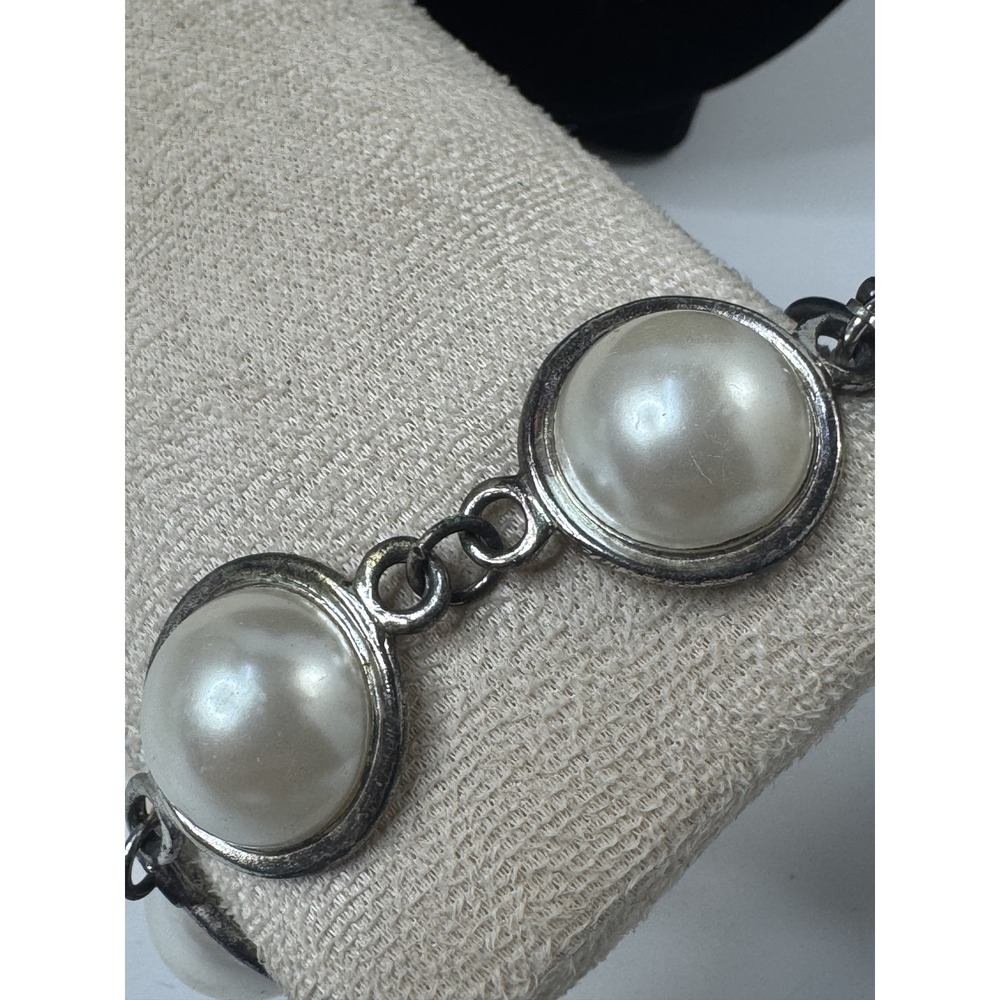 Anne Klein Faux Pearl Toggle Bracelet Silver Tone Cream Cabochon Link